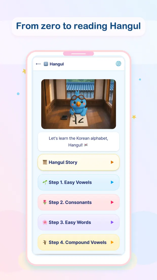 SKAI Hangul home screen showing the Hangul Story and Steps 1 to 4