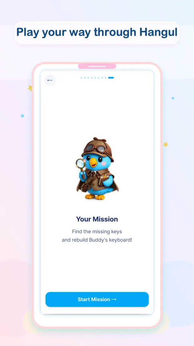 A mission screen in SKAI Hangul where Buddy, dressed as a detective, sets the task of finding the missing keys to rebuild the keyboard